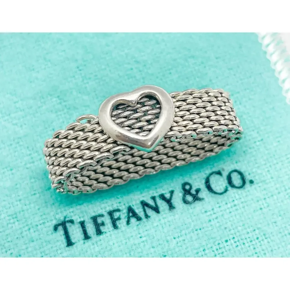 Tiffany & Co. Somerset Mesh Heart Ring Sterling Silver Size 8 w/ Pouch